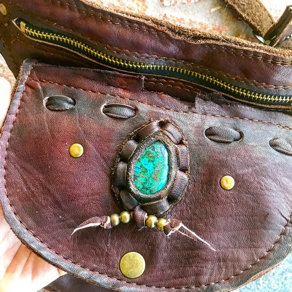 LAST ONE ! brown leather & chrysocolla boho bag - Picture 4 of 8